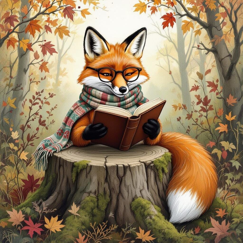 Fox Reading Book in Enchanted Autumn Forest