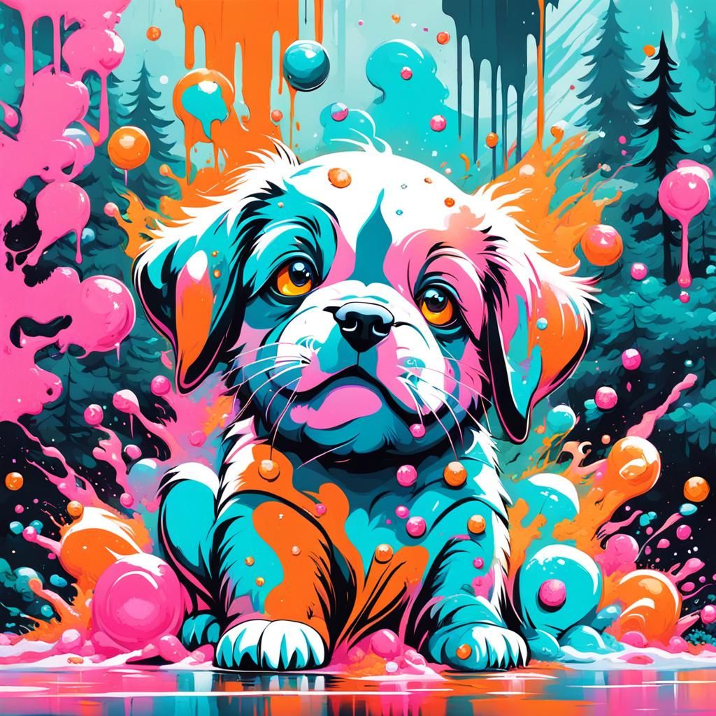 Colorful Puppy in Crystalline Forest: Graffiti Art