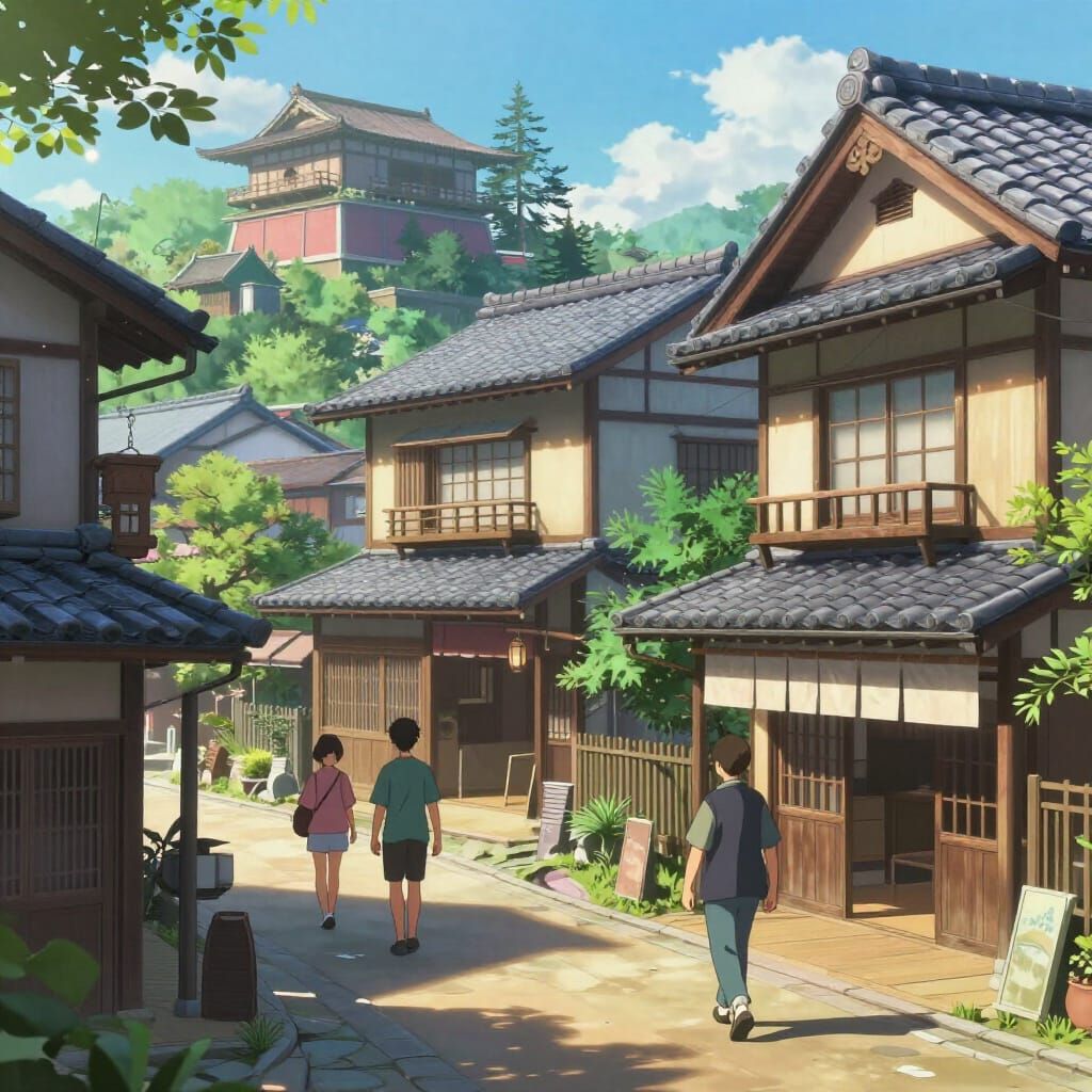 Vibrant Anime Scene of Japanese Houses and People