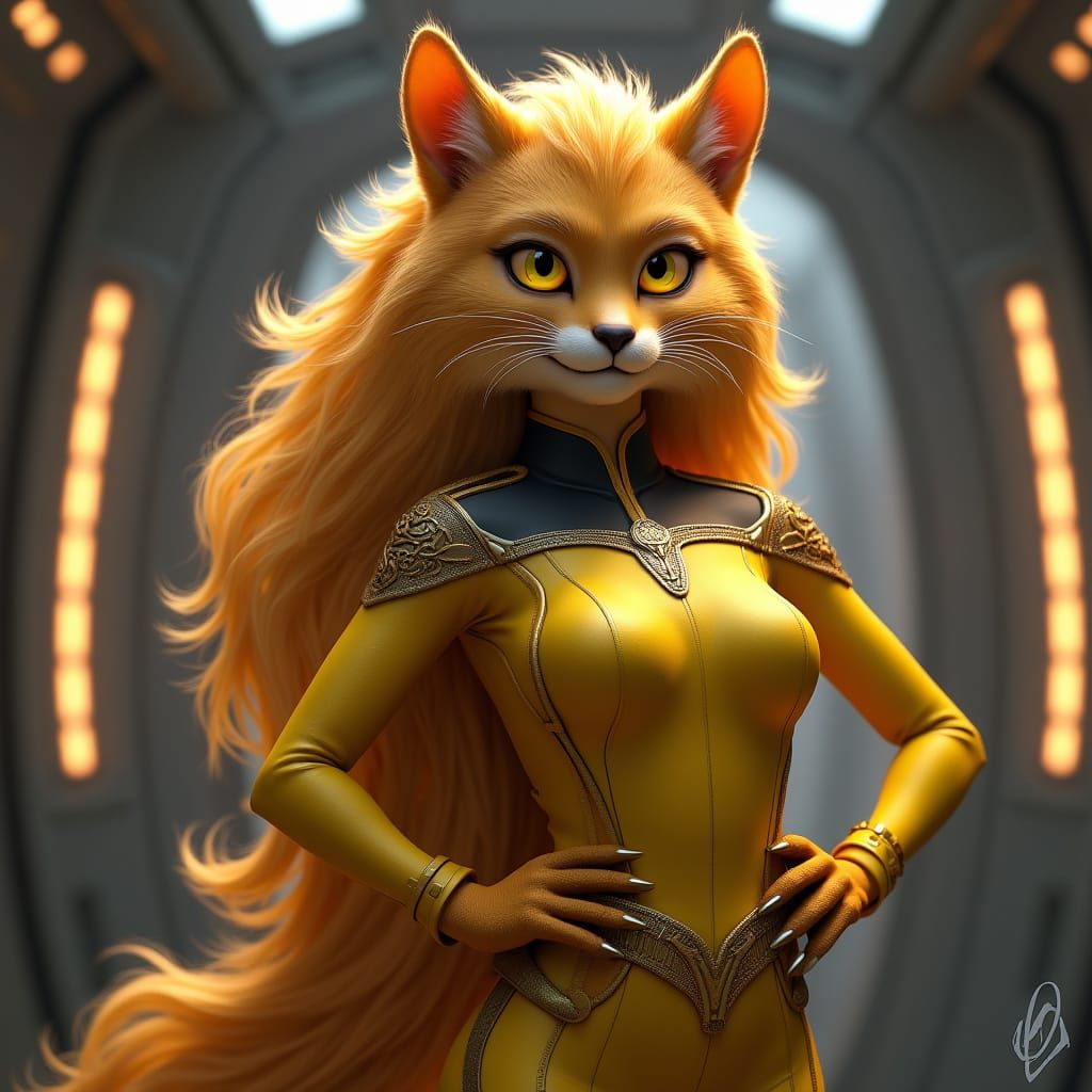 Confident Caitian Starfleet Officer in Yellow Uniform