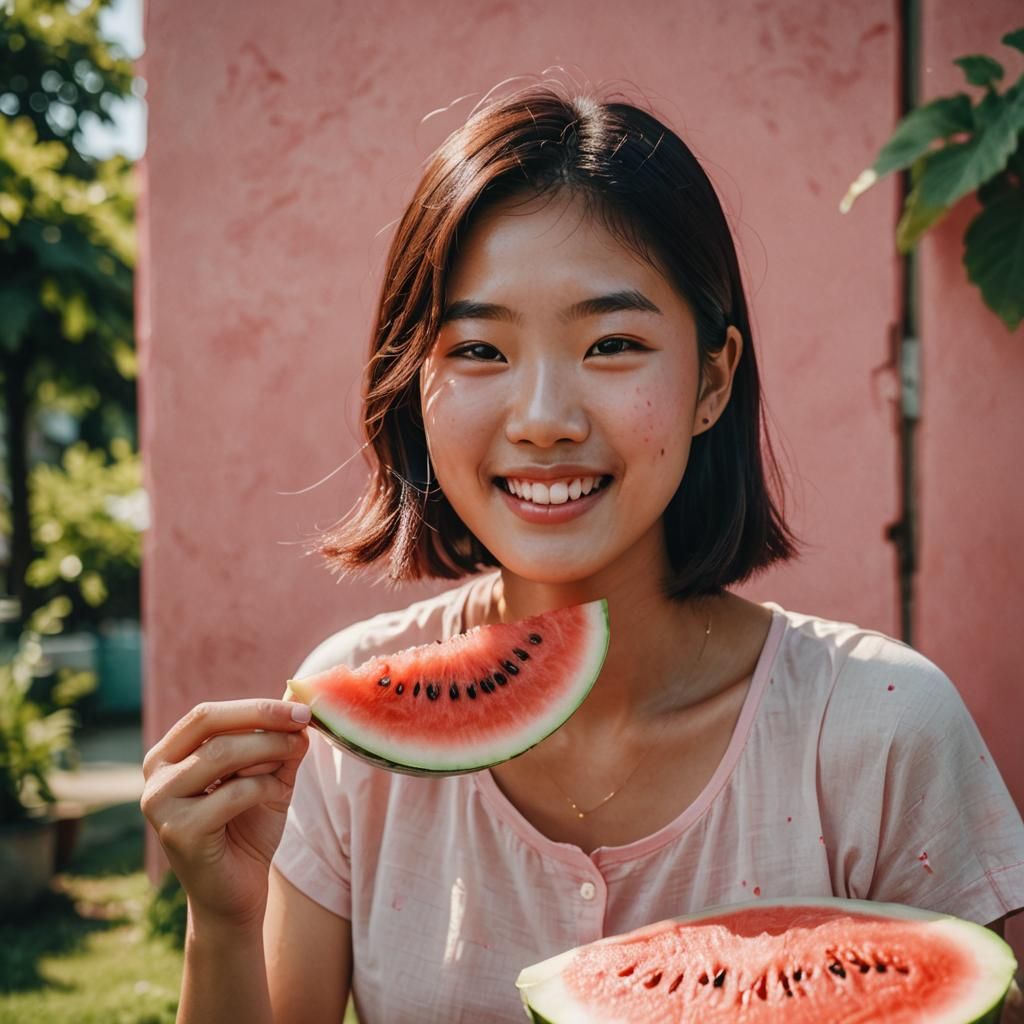 Korean Woman Enjoys Watermelon in Summer: 8K HDR