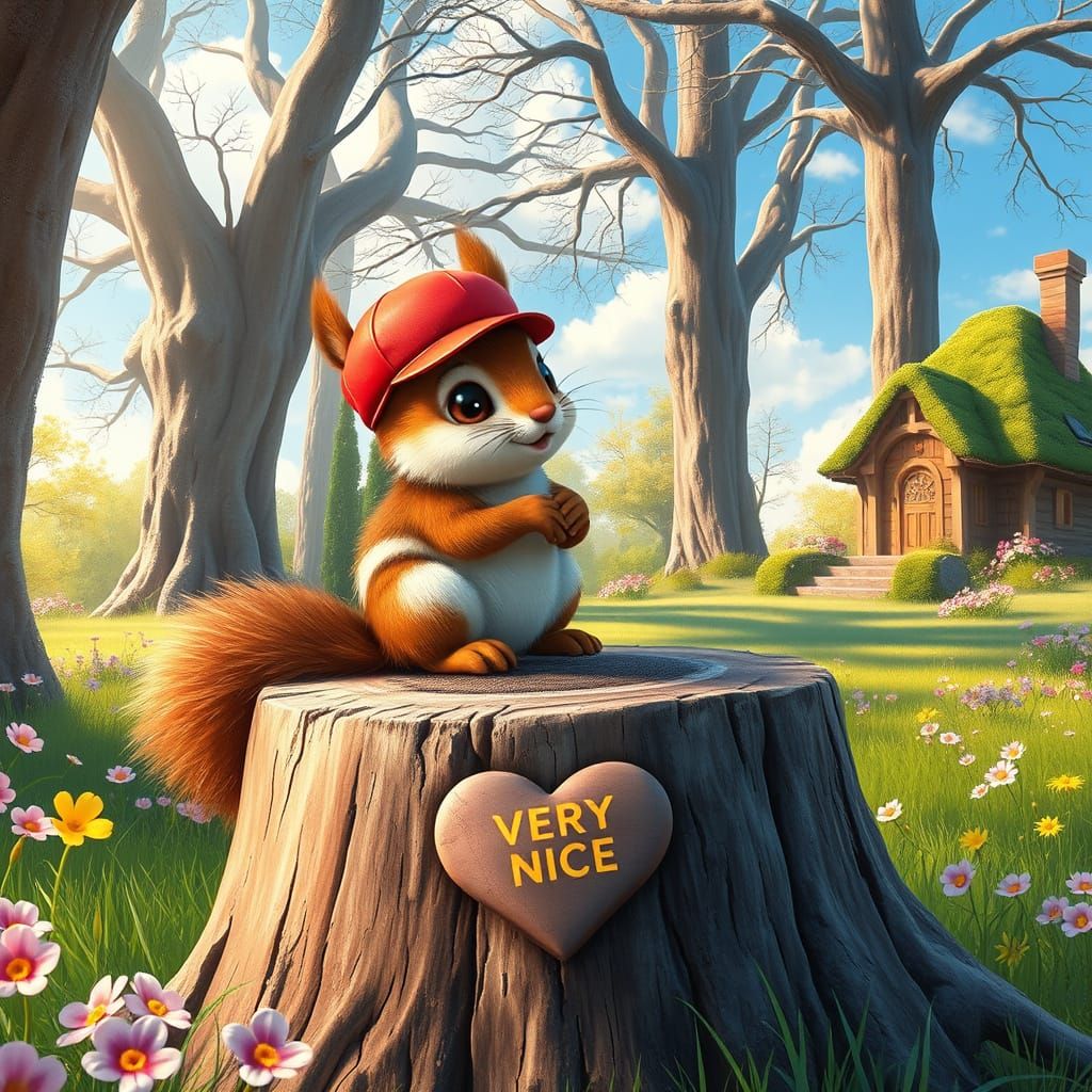 Springtime Wonderland with Baby Squirrel in Red Cap