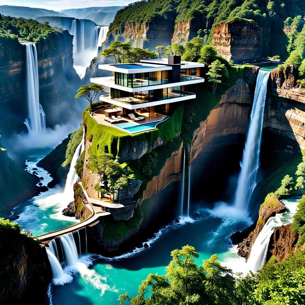 Cliffside House by Waterfall: Digital Matte Painting