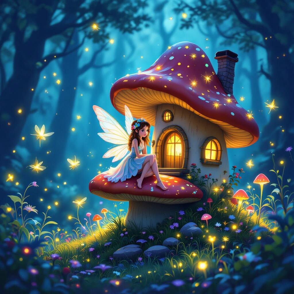 Enchanted Fairy Mushroom House in Bioluminescent Forest