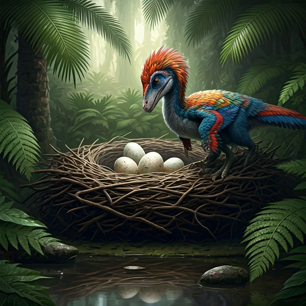Feathered Dinosaur Nest in Watercolor Jungle