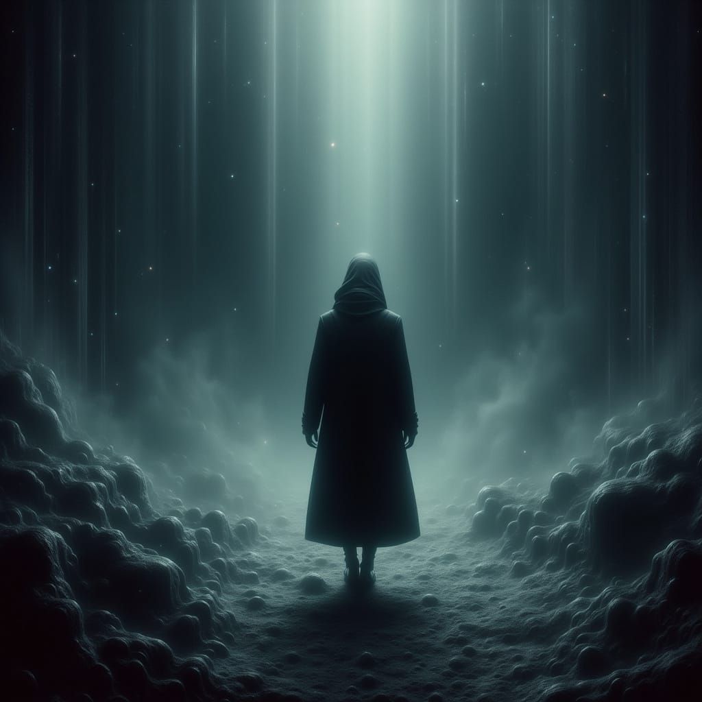 Figure Enters Dark Abyss in Surreal Cyberpunk Style