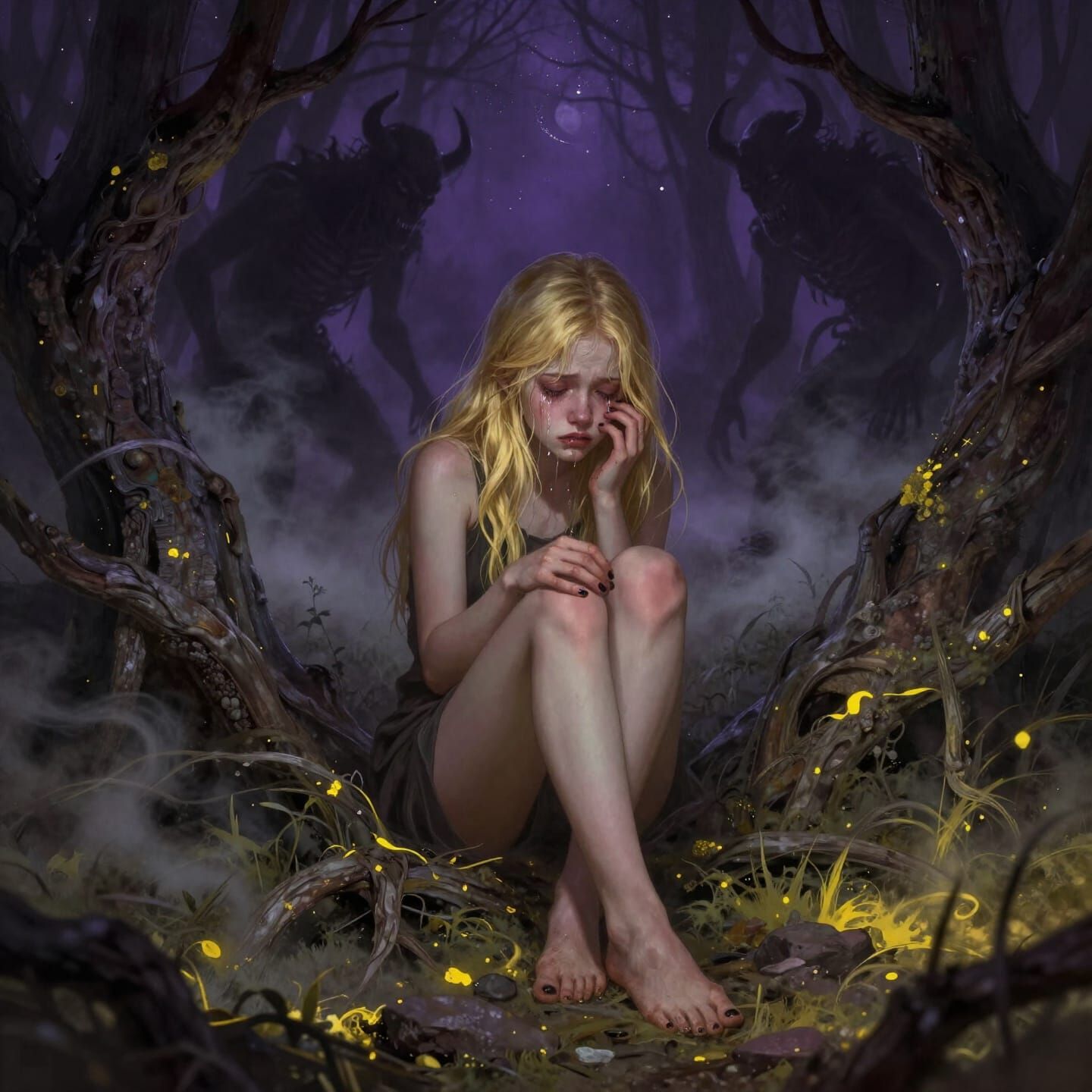 Teenage Girl's Despair in Dark Fantasy Forest