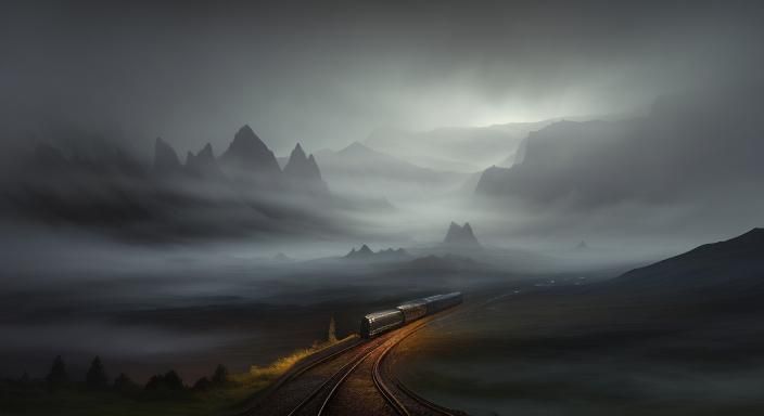Train Through Misty Moorland in Romantic Style