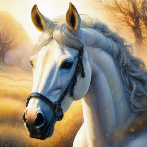 Majestic White Horse Portrait in Stained Glass Style