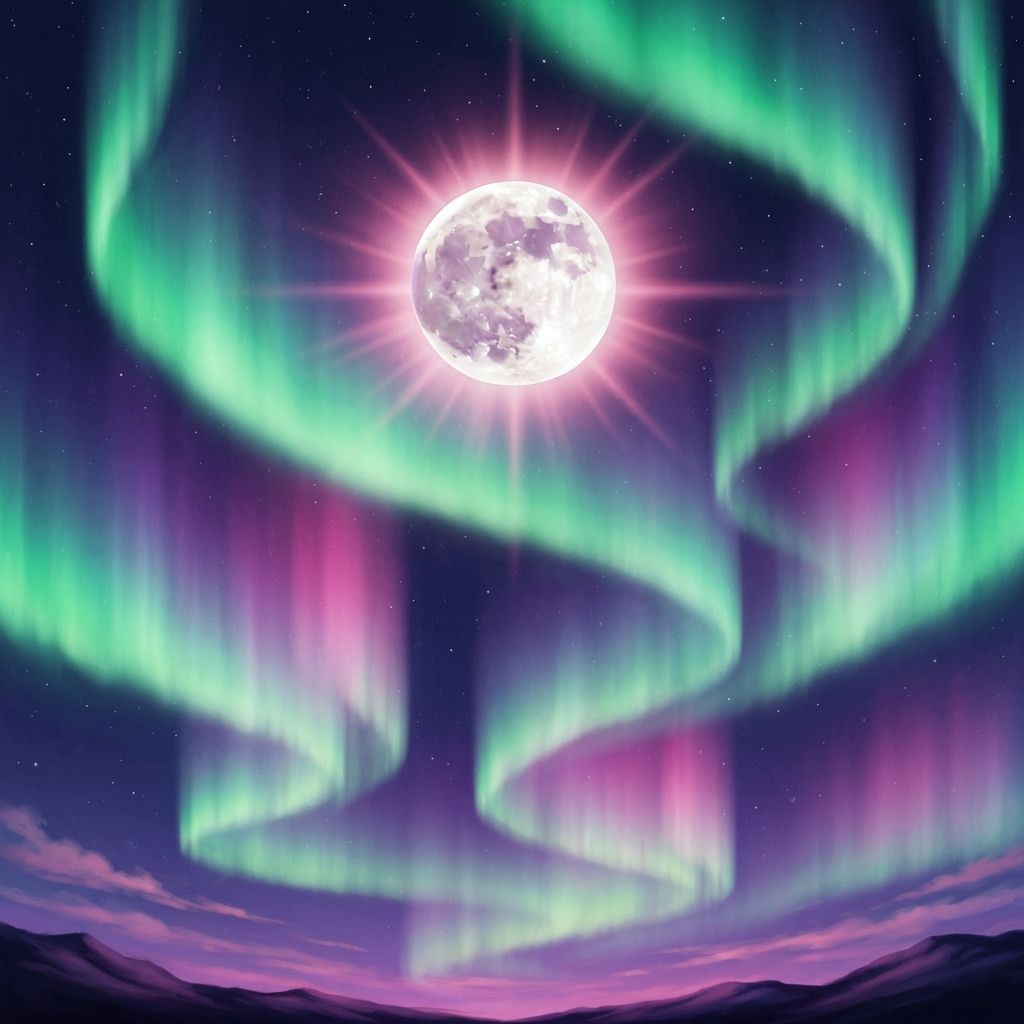 Full Moon Radiates Light Amidst Dancing Northern Lights