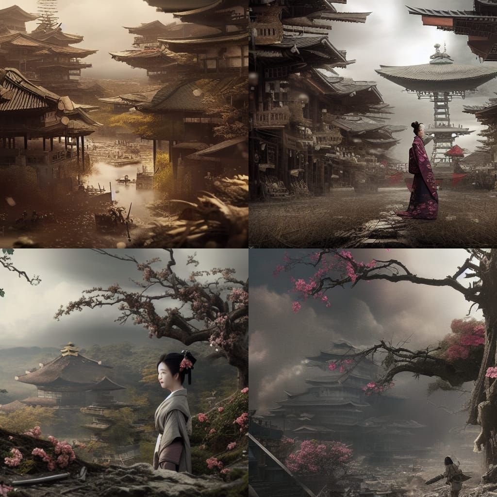 Kimono Girl on War-Torn Battlefield: Digital Matte Painting