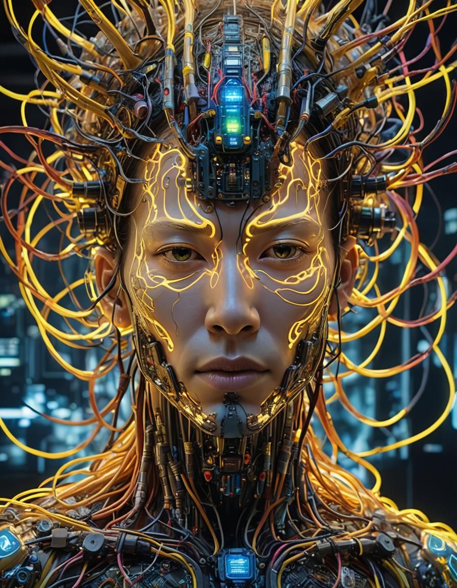 Biopunk Cyborg God King Portrait in Neon