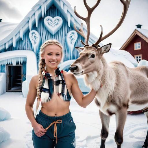 Swedish woman at the Icehotel in Jukkasjärvi, petting a rein...