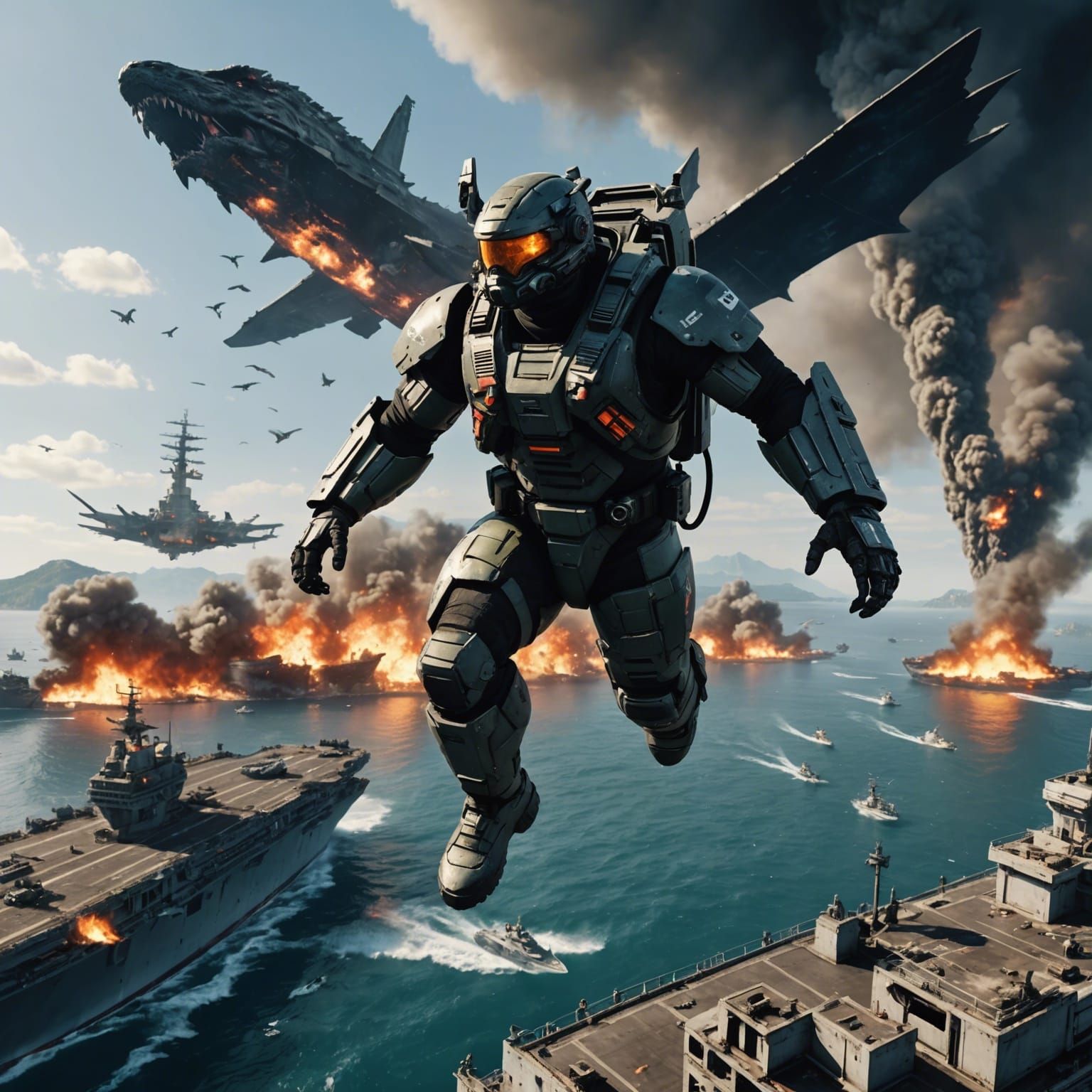 Soldier with Jetpack Over Destroyed Carrier, Godzilla in Bac...