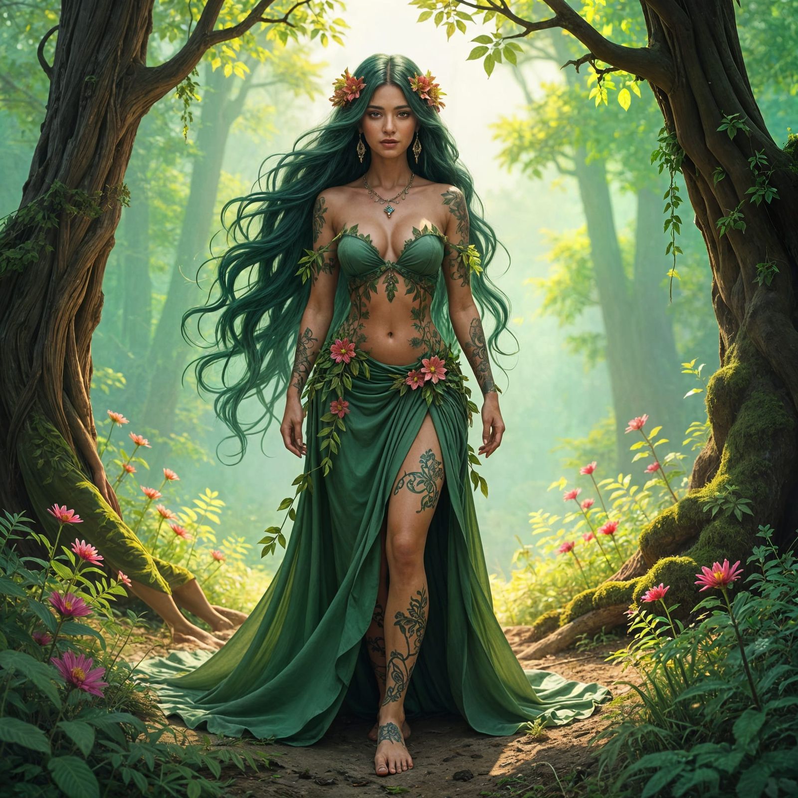 Statuesque Forest Goddess in Sun-Drenched Glade