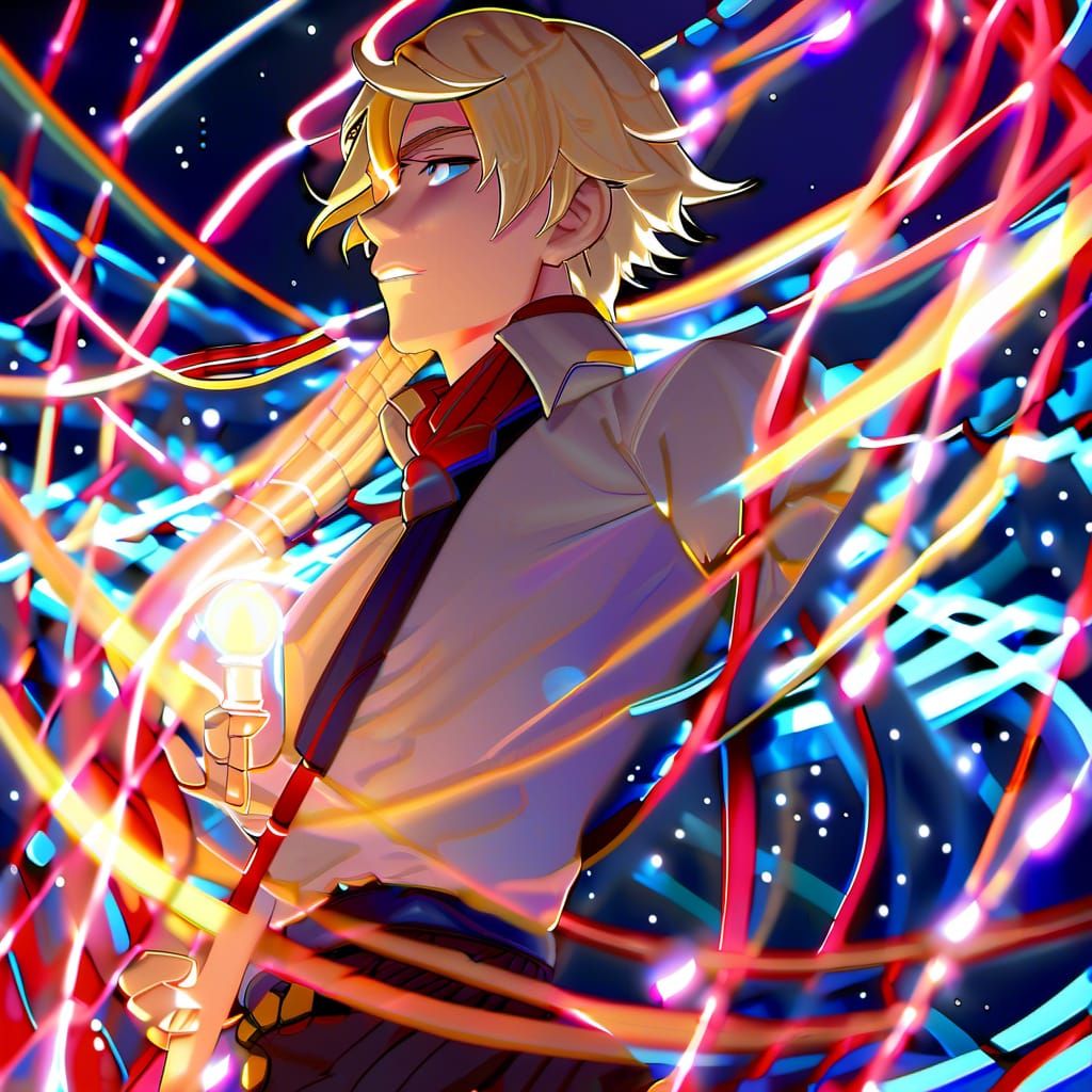 anime guy long blonde braid, looking up, colorful, red yellow blue, glowing luminescent, vibrant beautiful glowing, insa...