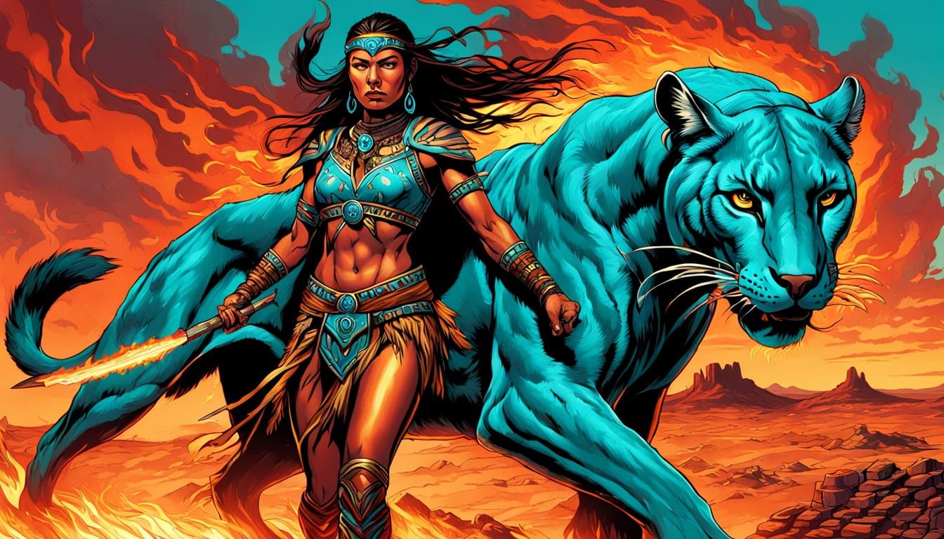 Native American Warrior Rises in Turquoise Flames
