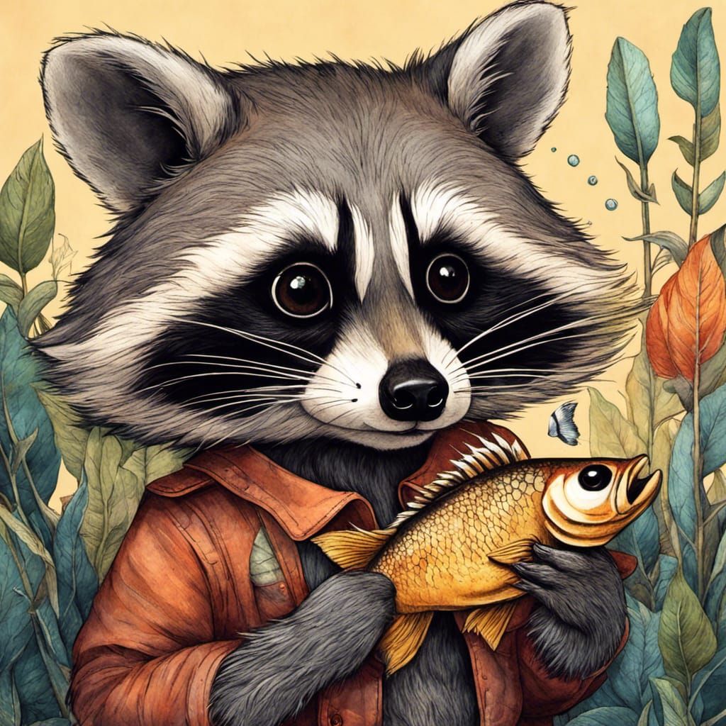 Raccoon with Big Eyes Eating a Fish Illustration