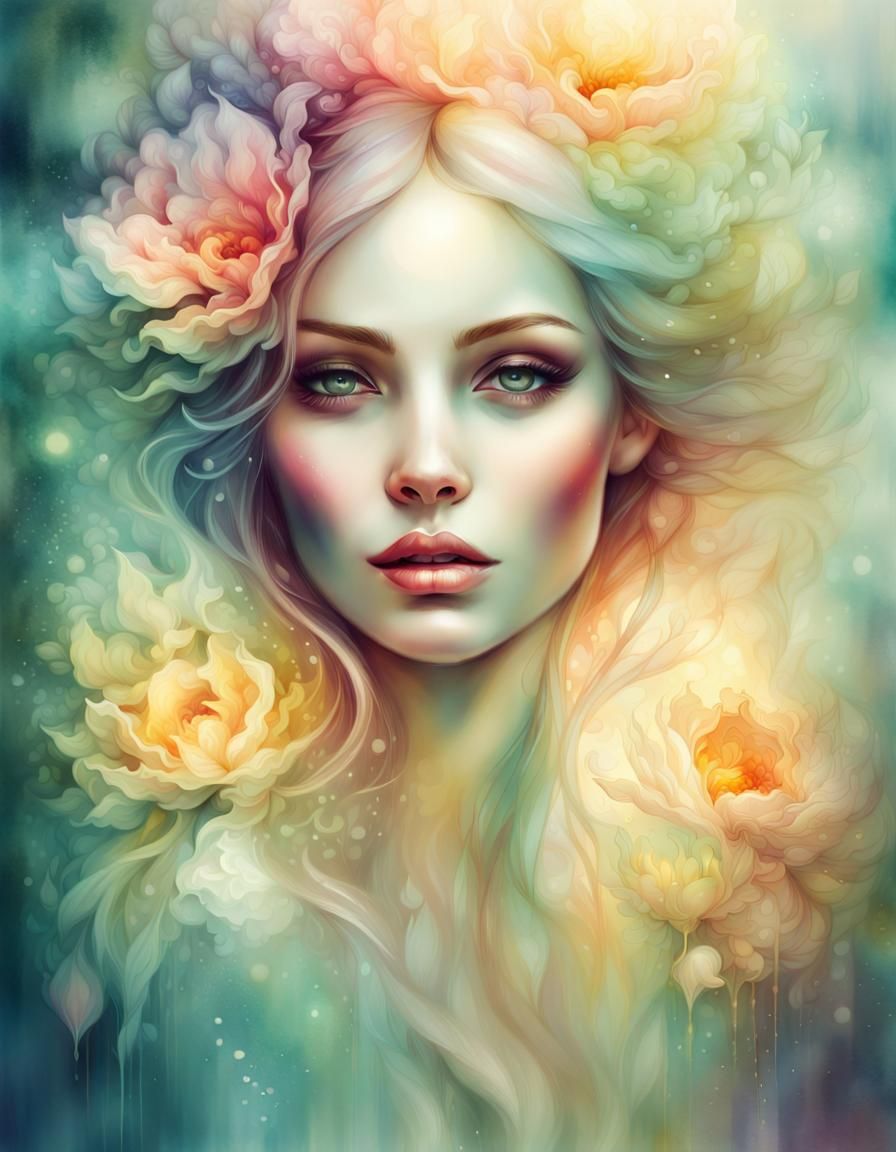 Ethereal Woman Portrait in Watercolor Style