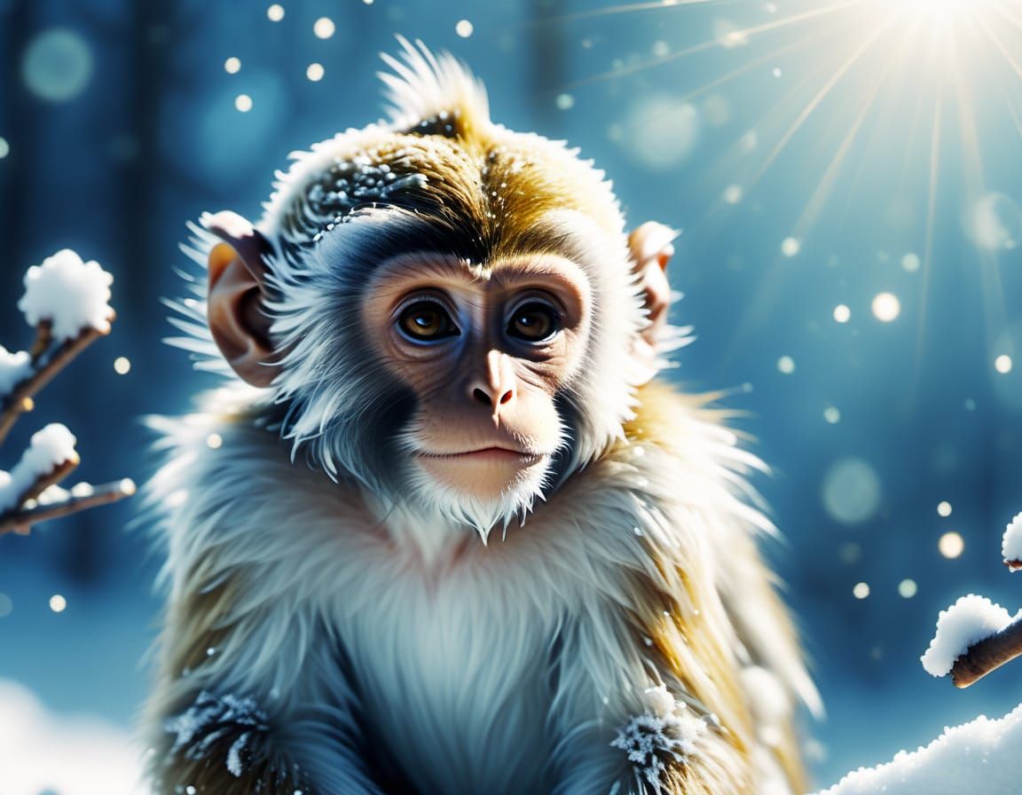 Cinematic Fantasy Monkey Perches on Snowy Branch