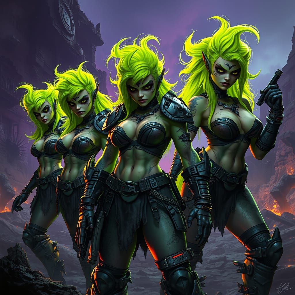 Gritty Female Orks in Neon Green Hair, Defiant in Ruined Dys...