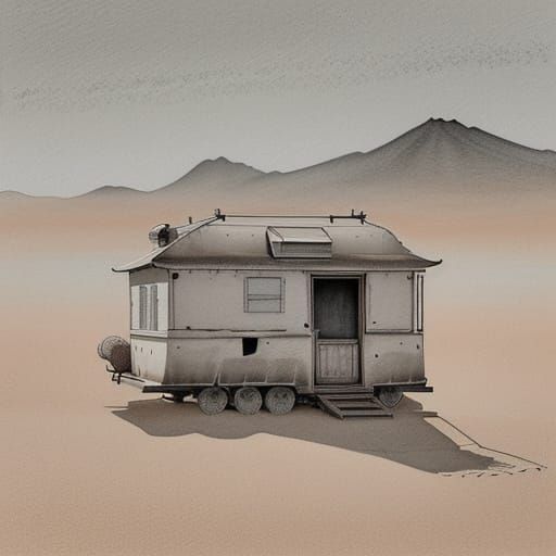 Sumi-e Painting of a Caravan in a Serene Desert