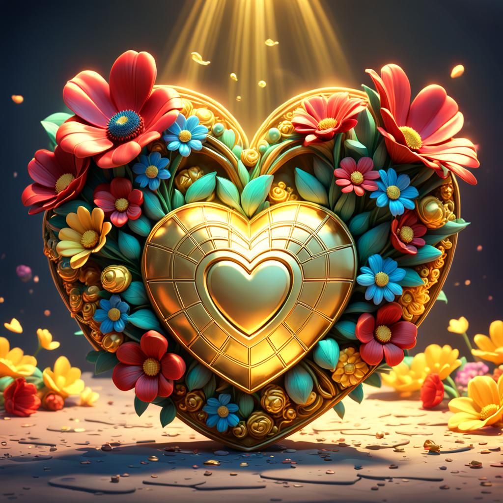 Golden Heart with Flowers, 3D Digital Art