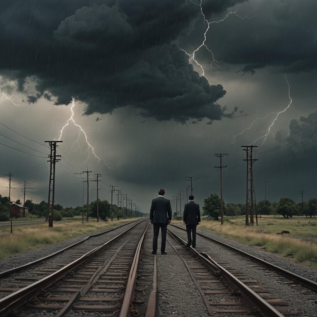 Surreal Railroad Track Amidst Electric Storm