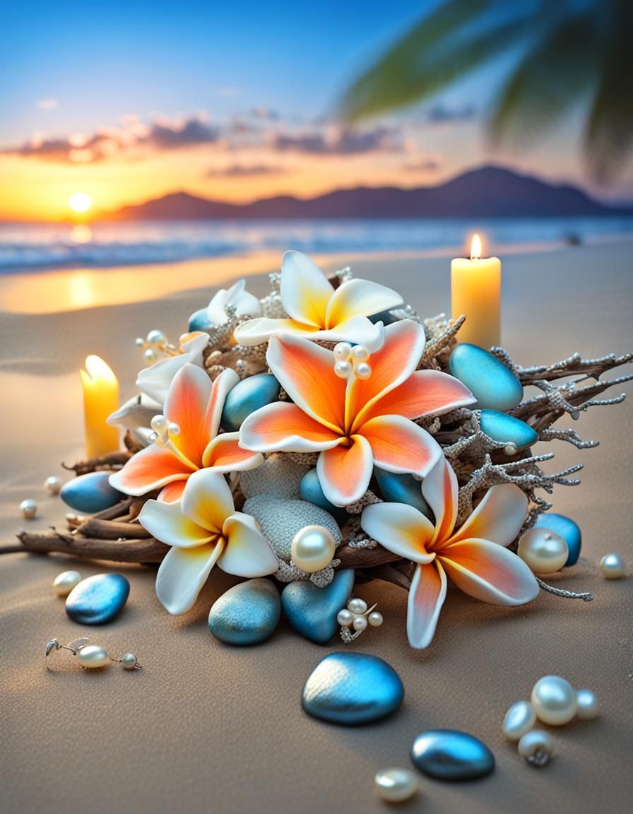 Exquisite Plumeria Bouquet on Seashore at Sunset