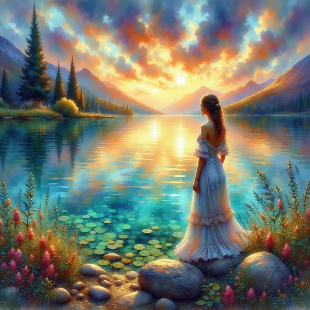 Dreamy Lakeside Sunset in Impressionistic Style