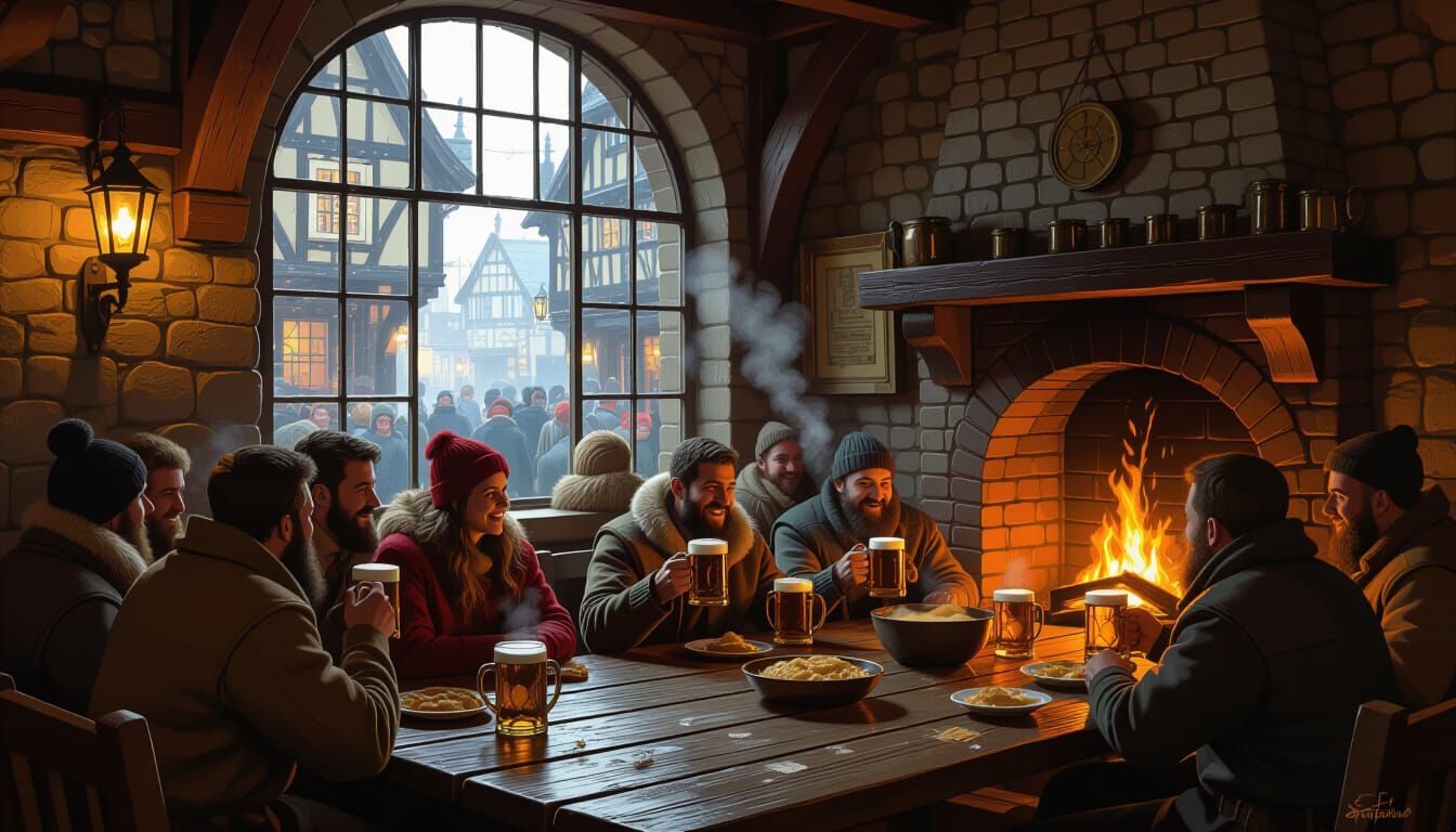 Cozy Tavern Scene in Neo-Impressionist Style