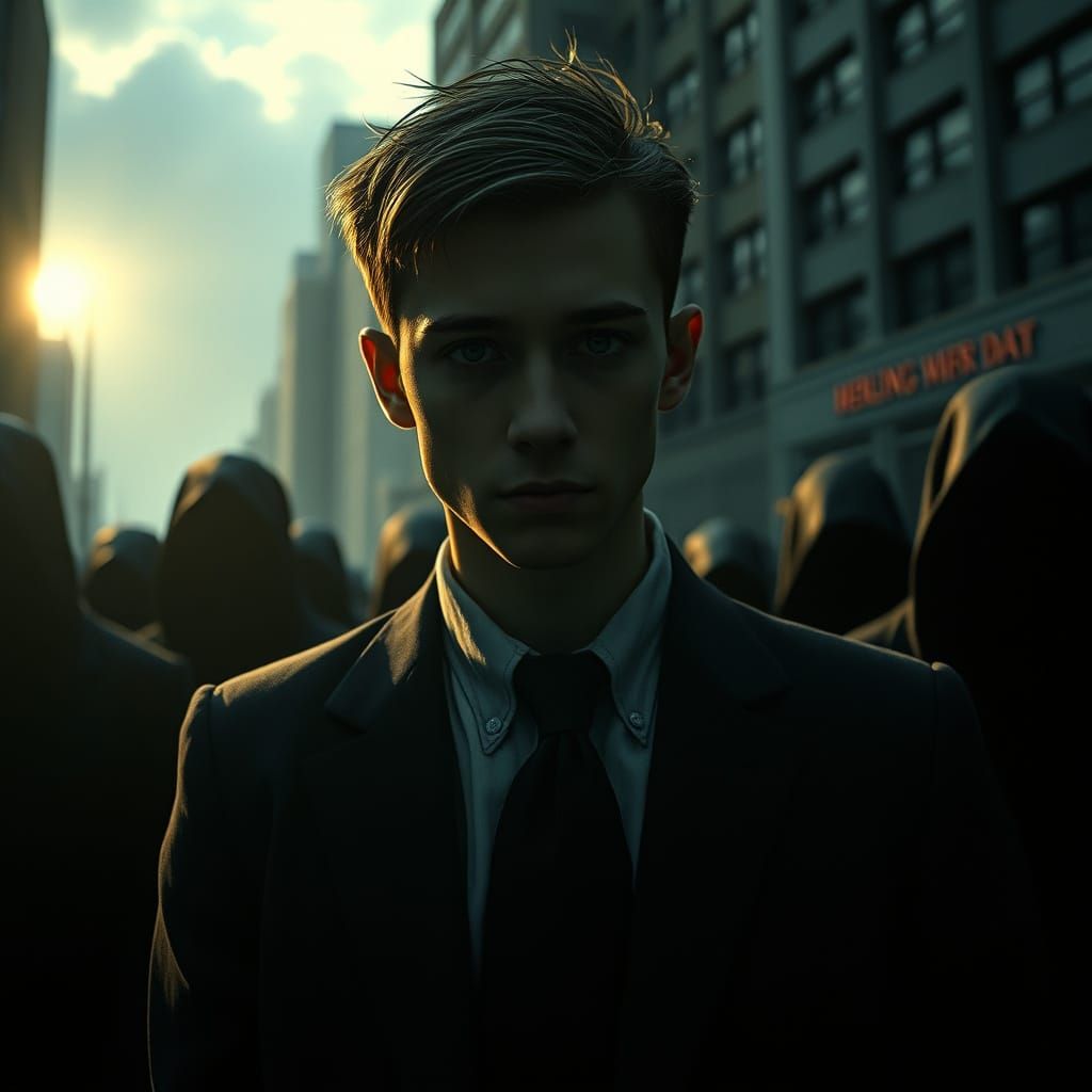 Sinister Cityscape: Unsettling Young Man in David Lynch-Insp...