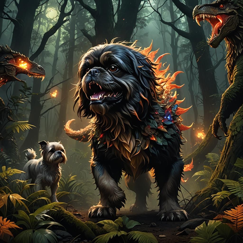 Vicious Shih Tzu T-Rex Hybrid in Mystical Forest