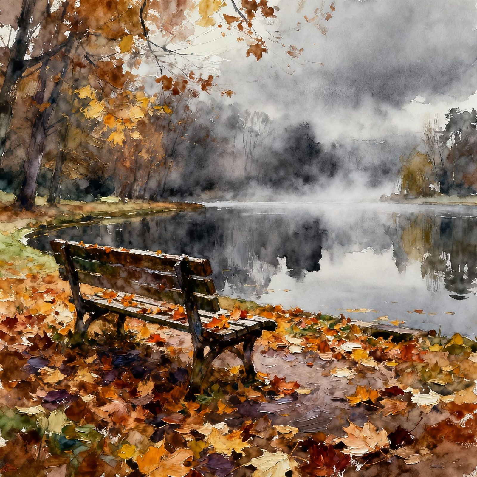 Abandoned Autumn Bench Reflection in Misty Pond Gouache Styl...