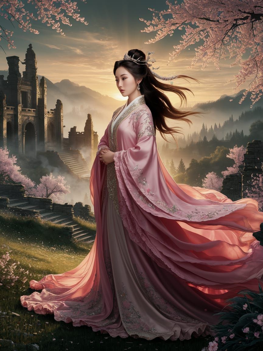 Regal Asian Princess in Cinematic Sunset Landscape