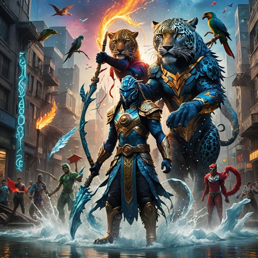 Blue Leopard Shaman in Flooded City, Digital Art