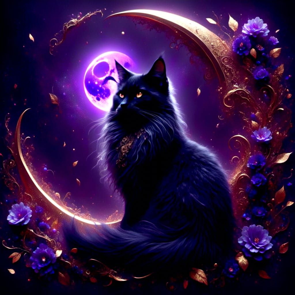 Maine Coon Cat on Floral Crescent Moon