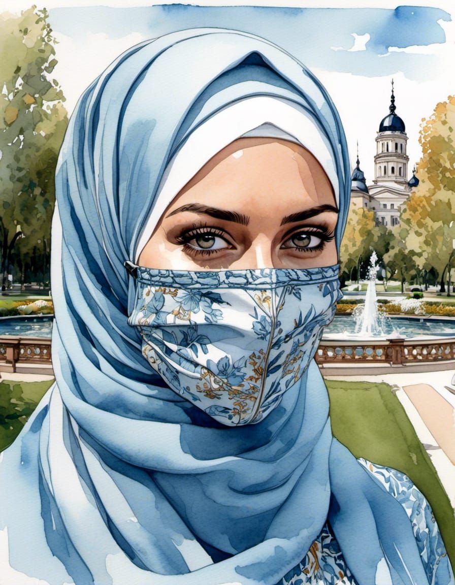 Watercolor Portrait of a Woman in Hijab