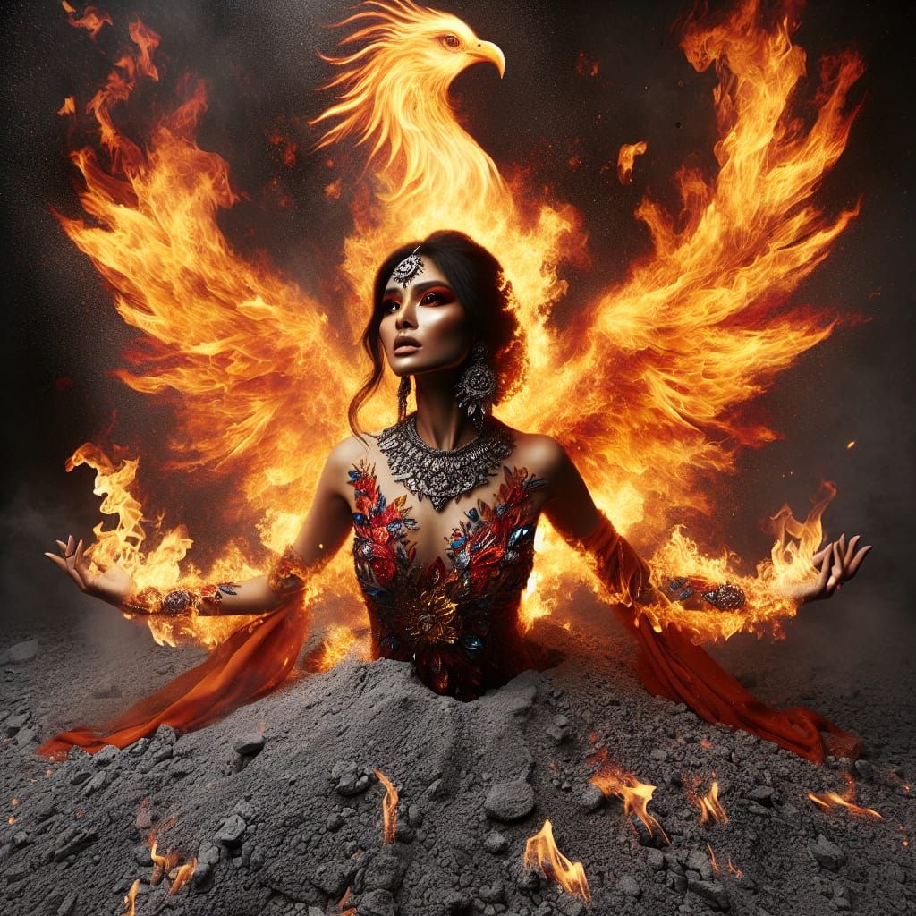 Phoenix Woman Rising From Ashes in Fiery Rebirth