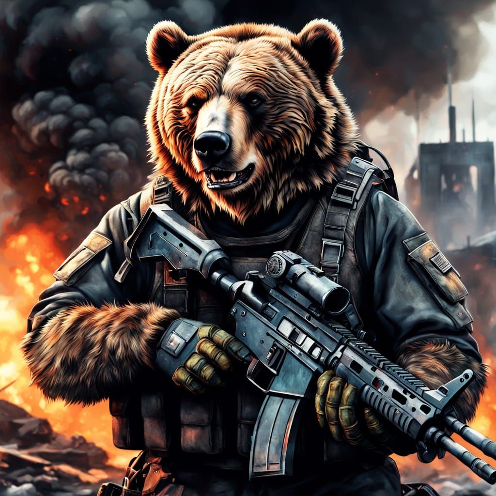 Surrealistic Grizzly Bear Charging Through War Zone in Hyper...