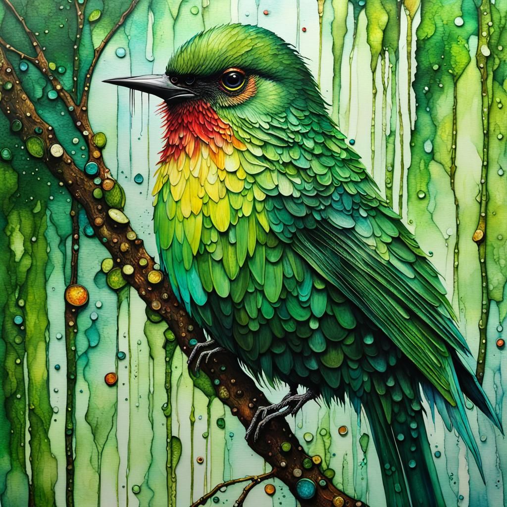 Green Bird in Magical Rainforest: Mixed Media Art