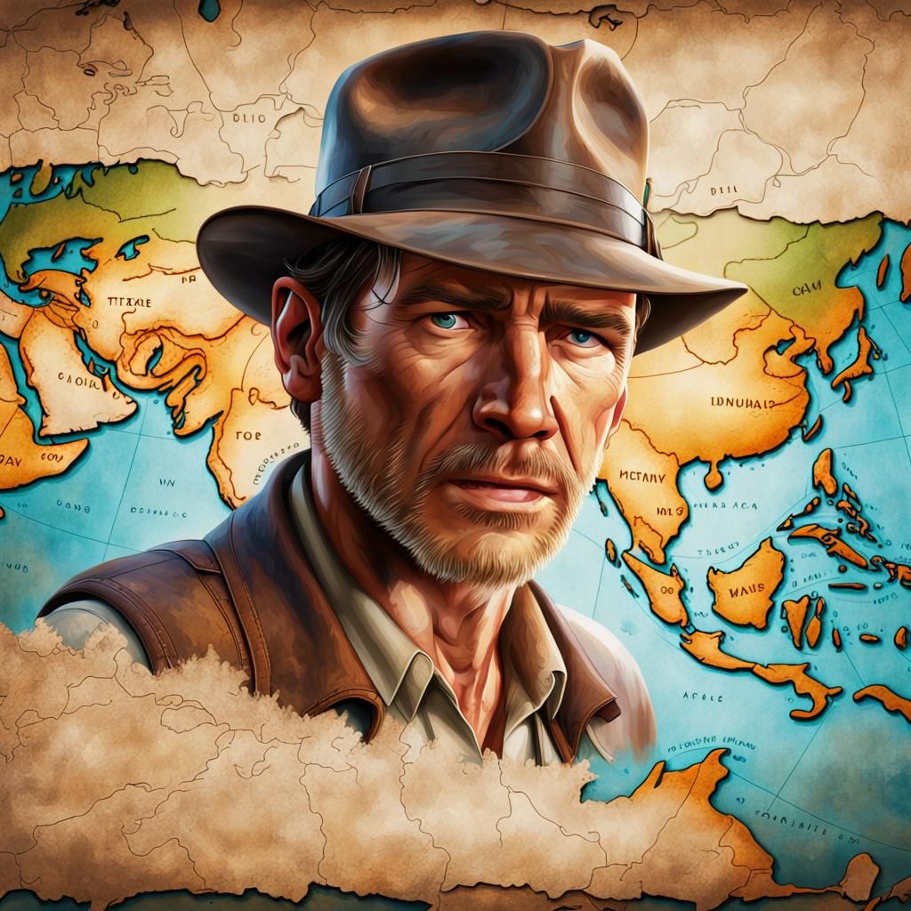 World Map with Indiana Jones In the Middle