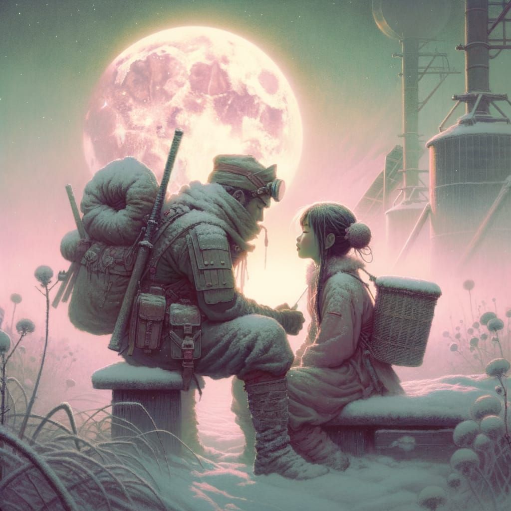 Dystopian Steampunk Dreamscape with Young Couple in Pastel H...