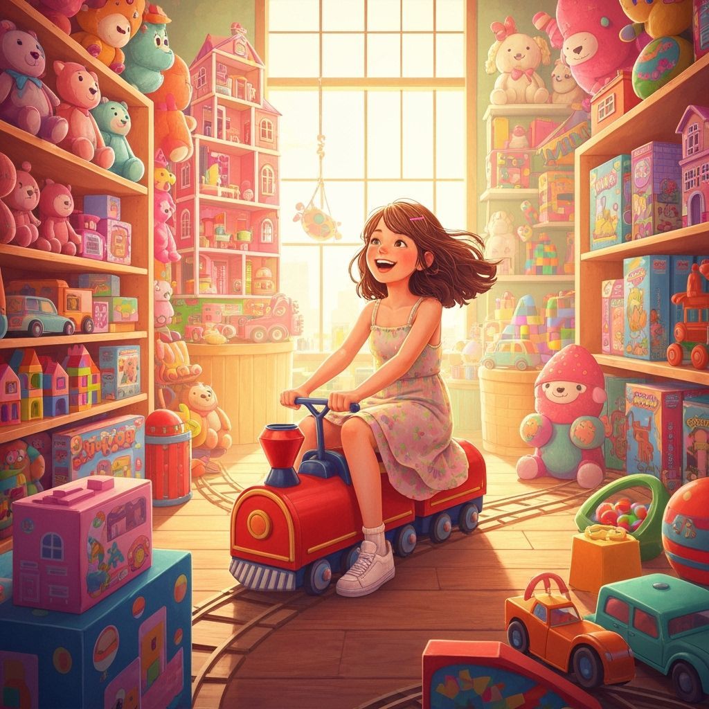 Woman Rides Toy in Vibrant Toy Shop