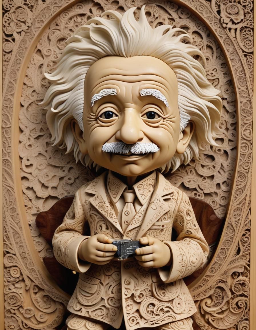 Tiny Einstein in Brocaded Lace, Wood Carving