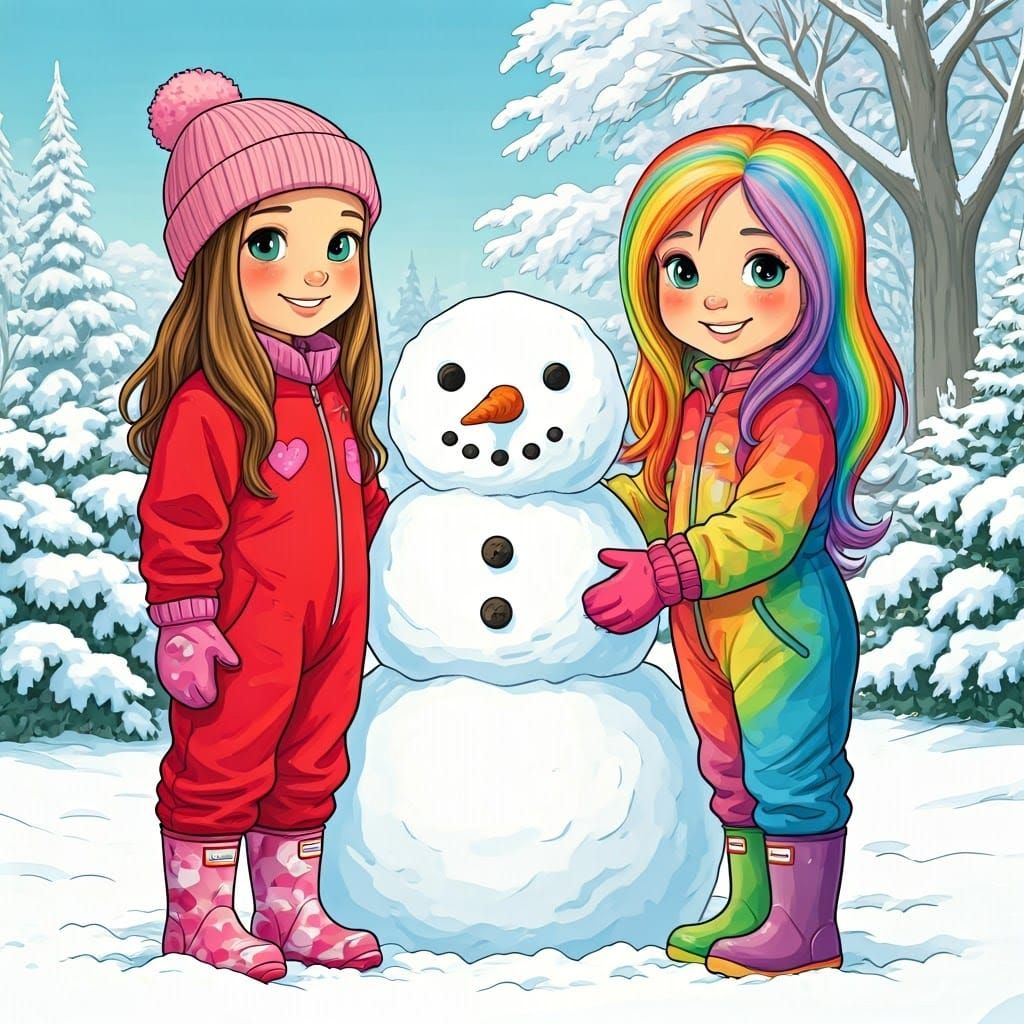 Whimsical Winter Scene of Twin Girls Building a Snowman in a...