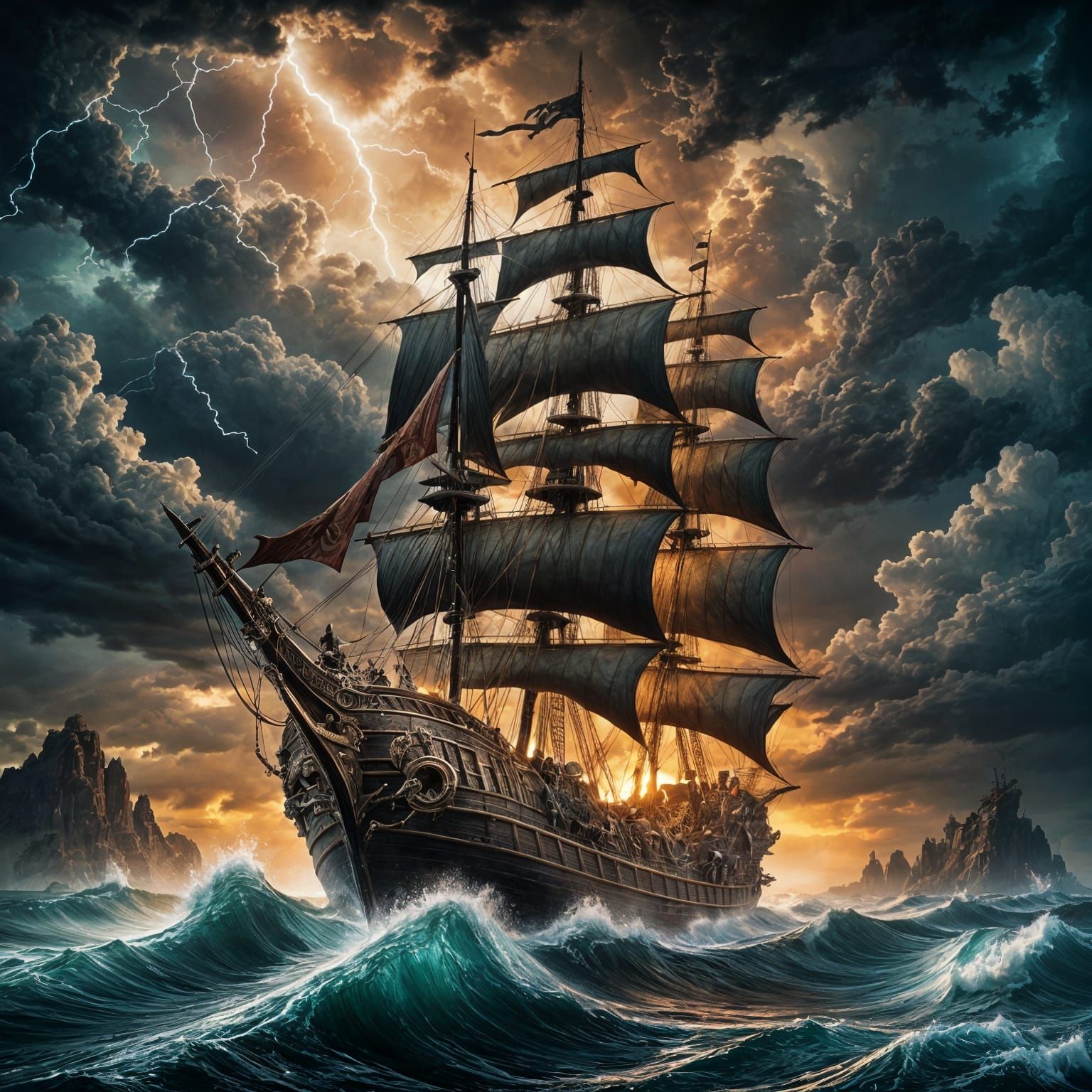 Epic Pirate Ship on Stormy Ocean in Digital Art