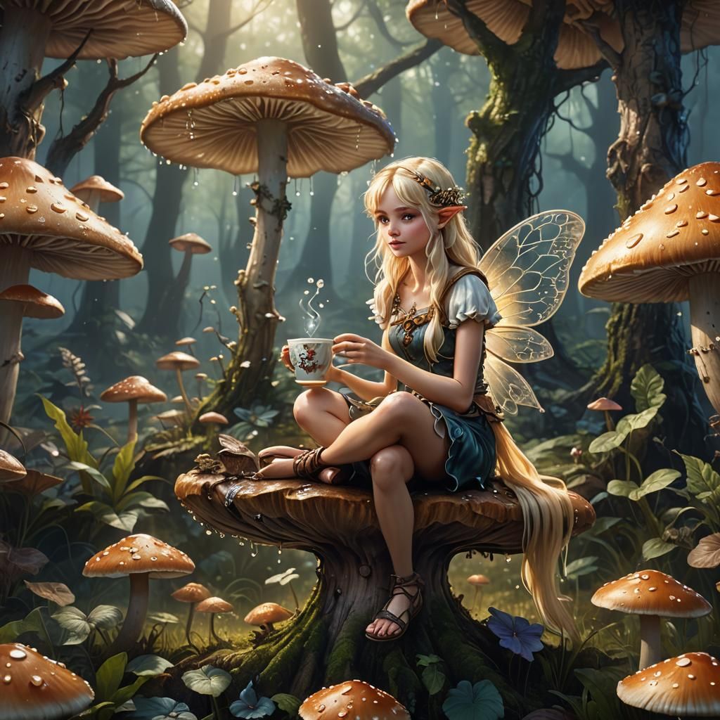 Blonde Fairy Enjoying Coffee on Mushroom, Fantasy Art