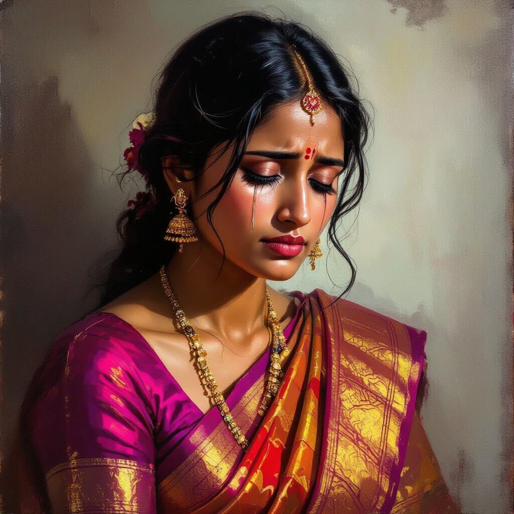 Indian Woman in Saree Crying, Realistic Painting Style