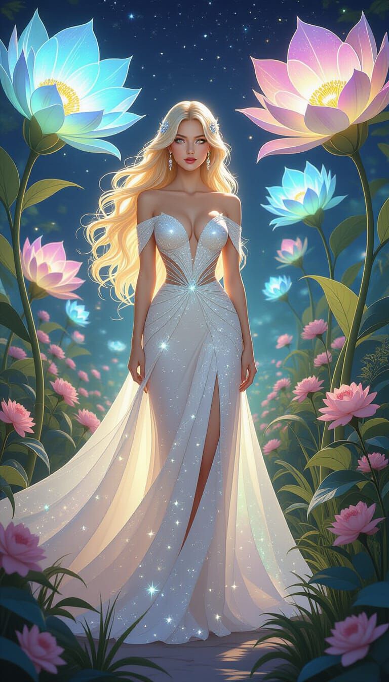 Blonde Woman in Surreal Bioluminescent Garden